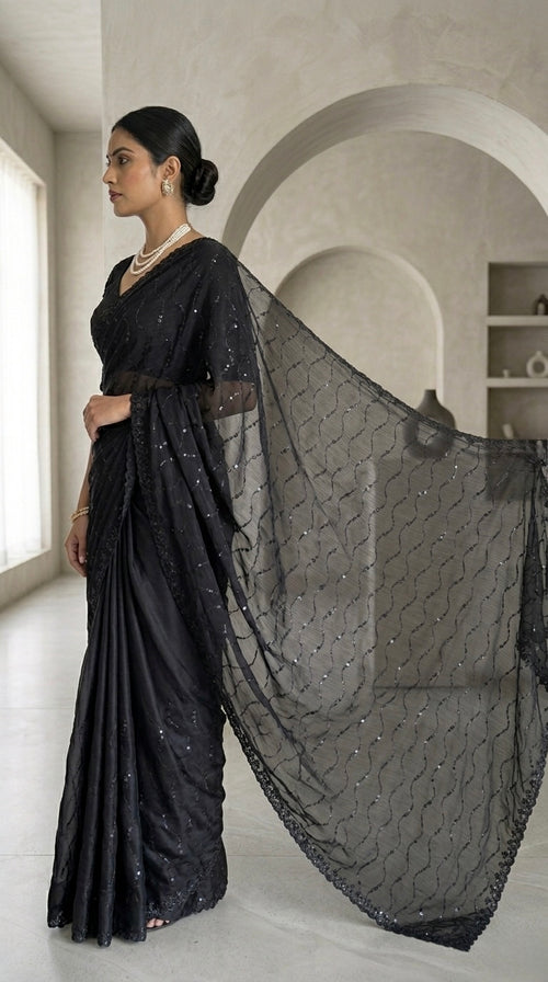 "Black Diamond" Sequin Embroidered Satin Chiffon Saree