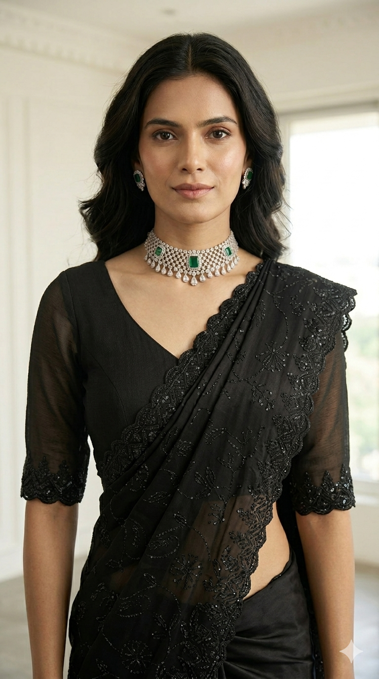 "Black Diamond" Swaroski Embellished Satin Chiffon saree