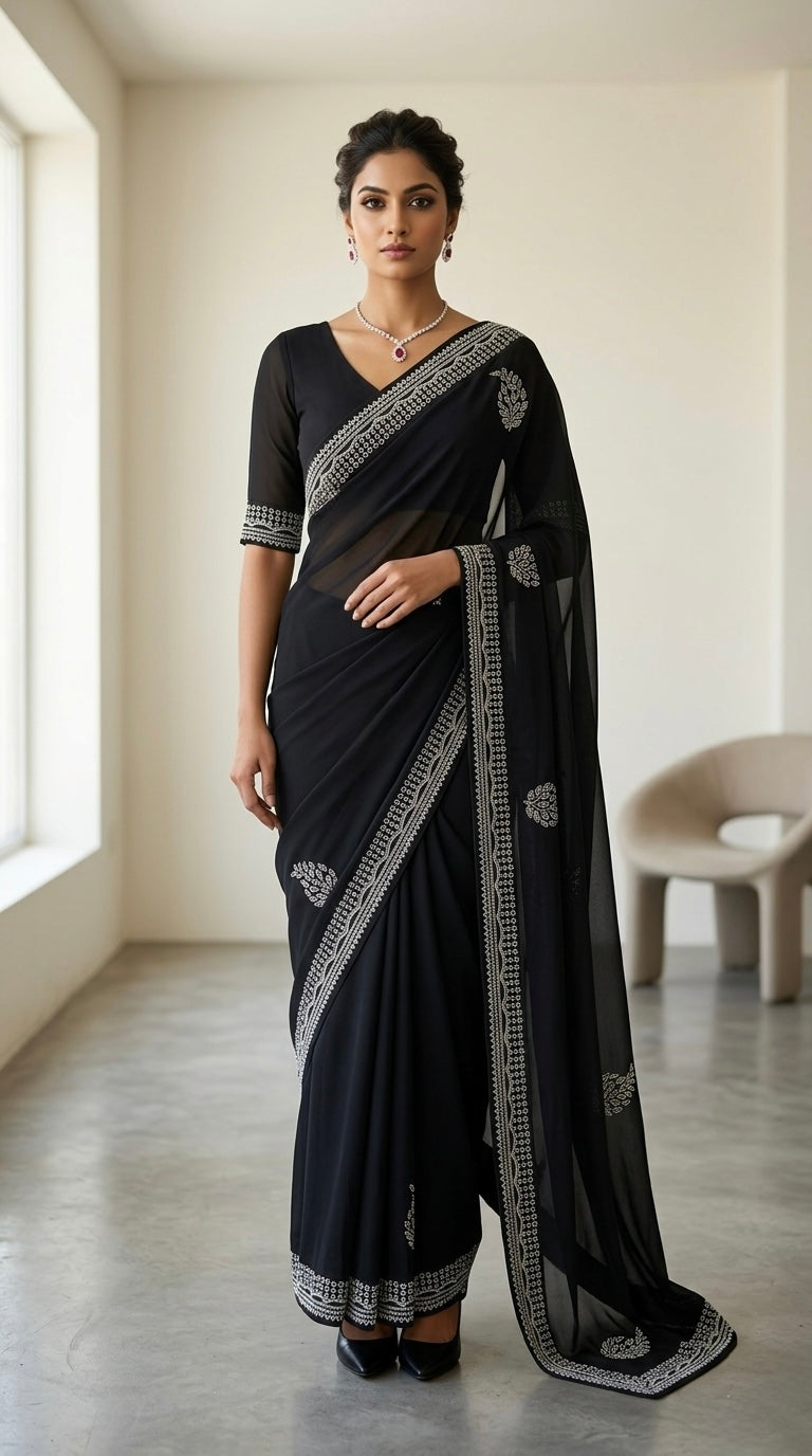 "Black Diamond" Silver Swaroski Embellished Georgette Saree