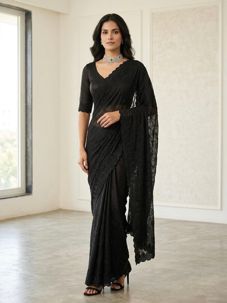 "Black Diamond" Swaroski Embellished Satin Chiffon saree