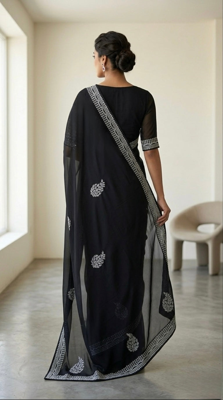 "Black Diamond" Silver Swaroski Embellished Georgette Saree