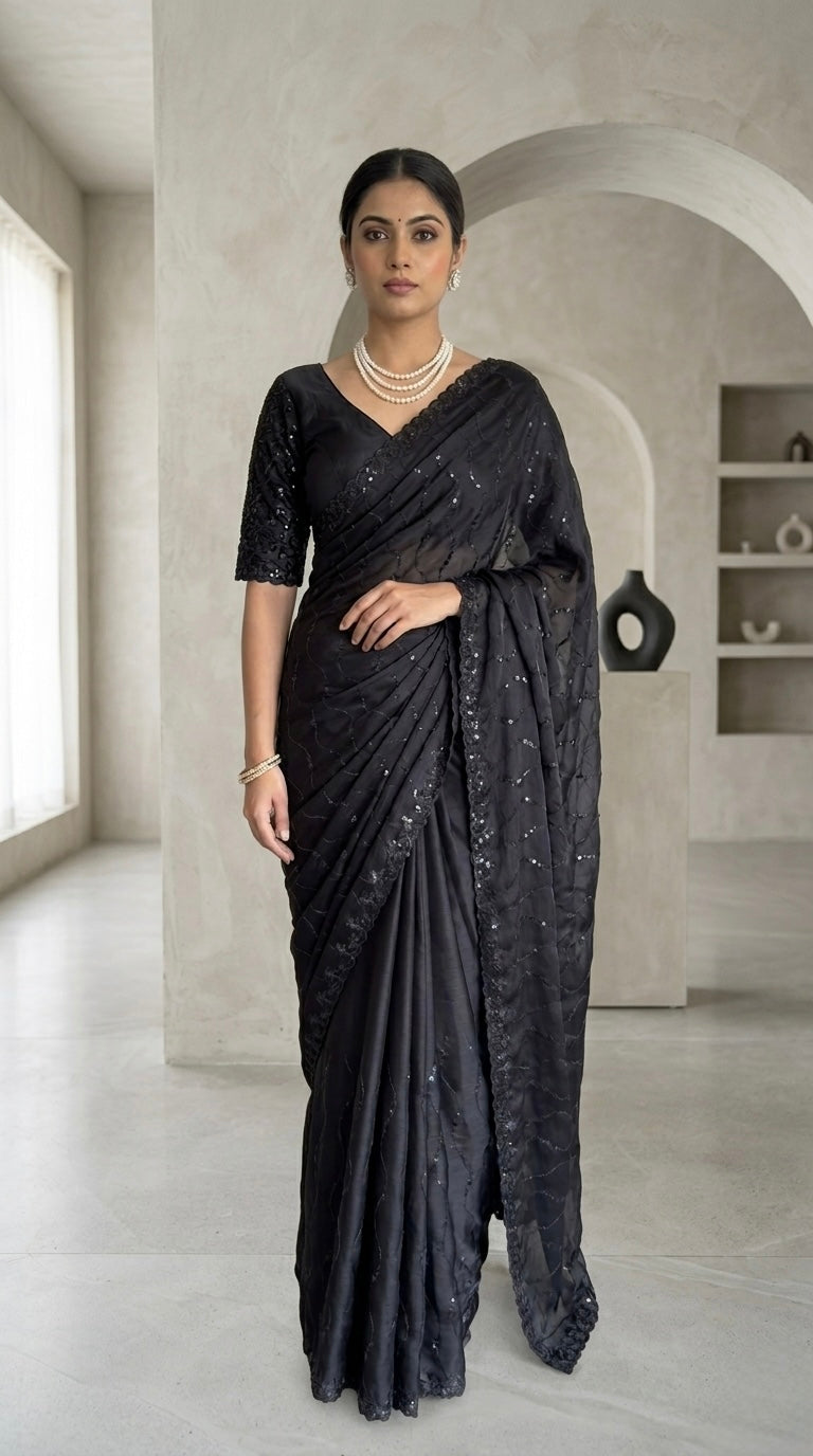 "Black Diamond" Sequin Embroidered Satin Chiffon Saree