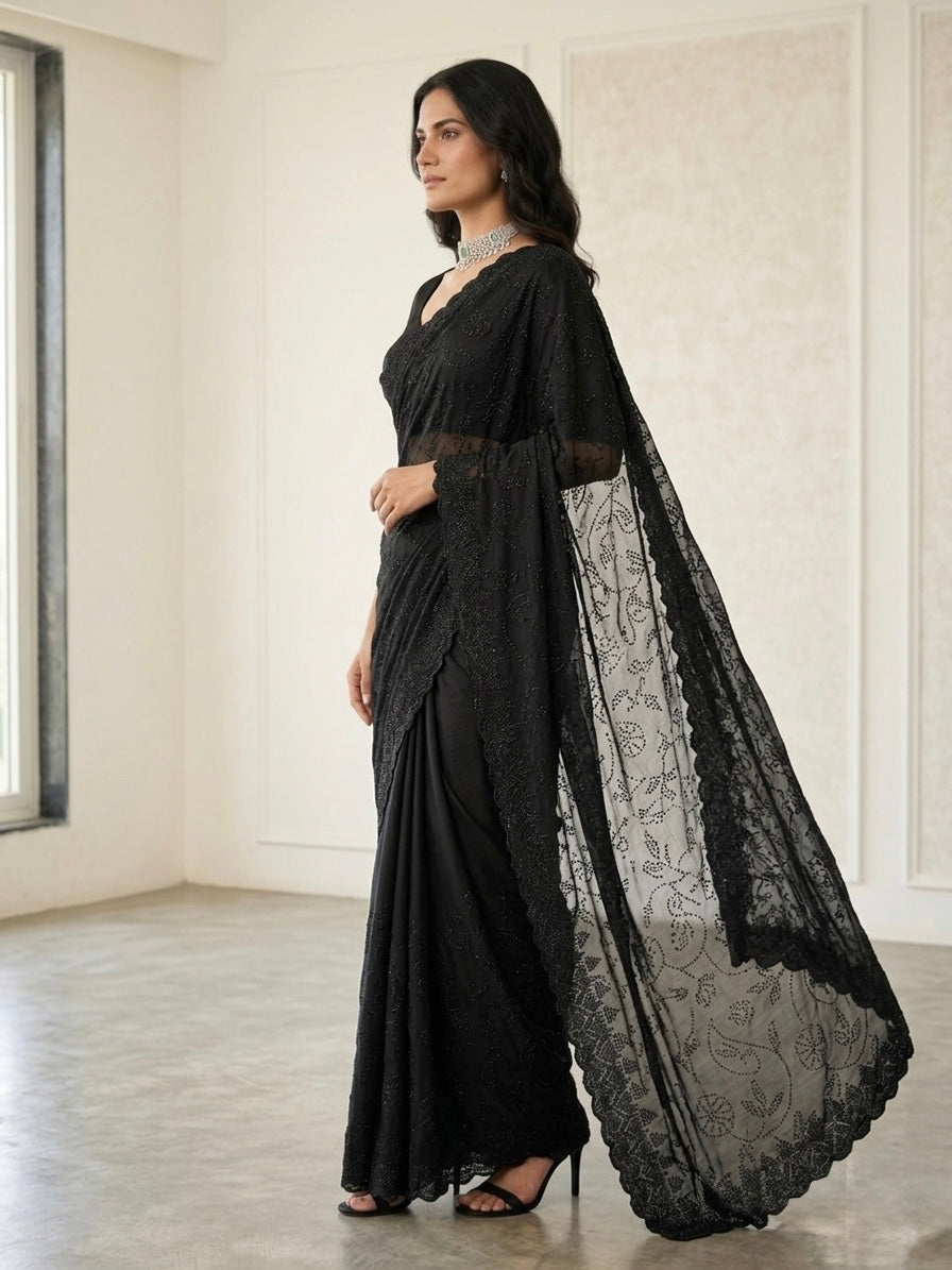"Black Diamond" Swaroski Embellished Satin Chiffon saree