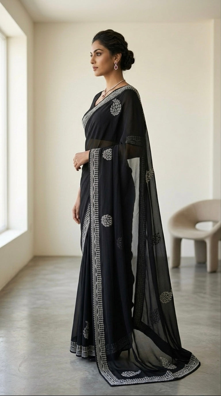 "Black Diamond" Silver Swaroski Embellished Georgette Saree