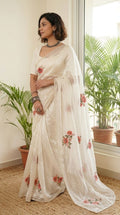 "Ivory Dialogue" Swaroski Embellished Floral Print Satin Saree