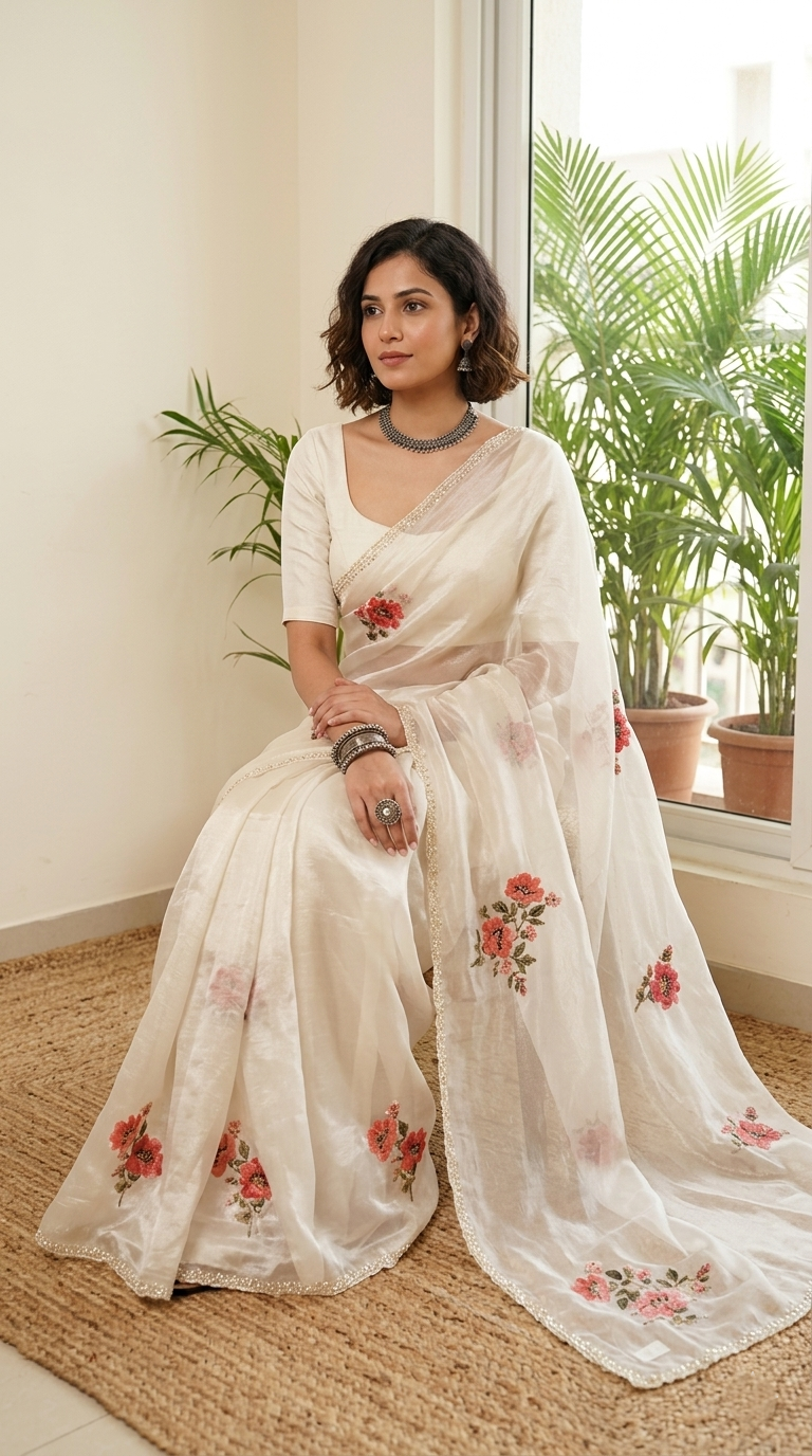"Ivory Dialogue" Swaroski Embellished Floral Print Satin Saree