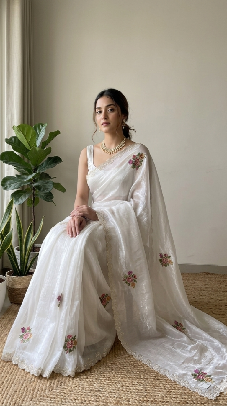 "Ivory Dialogue" Swaroski Embellished Floral Print saree (Small Floral Bunch)