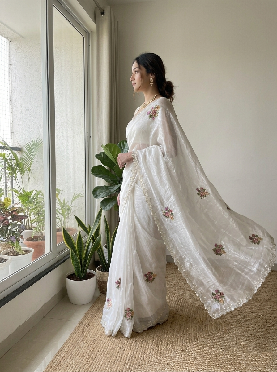 "Ivory Dialogue" Swaroski Embellished Floral Print saree (Small Floral Bunch)