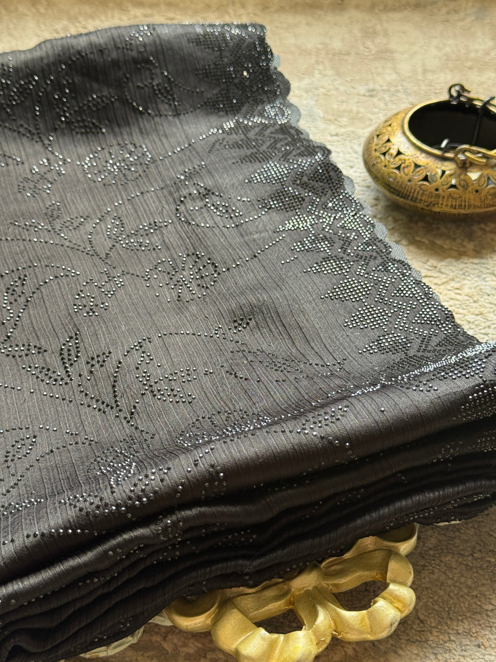 "Black Diamond" Swaroski Embellished Satin Chiffon saree