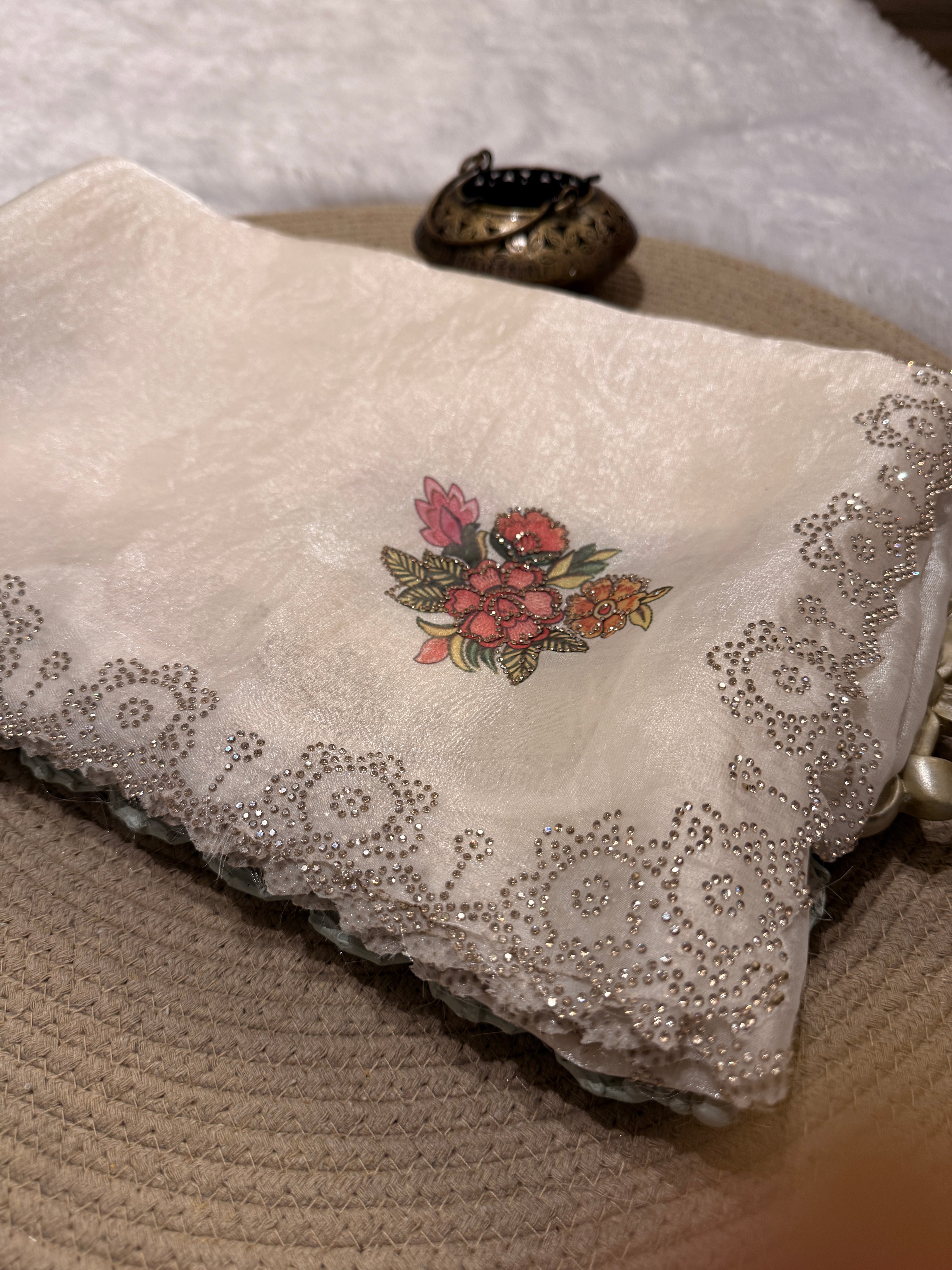 "Ivory Dialogue" Swaroski Embellished Floral Print saree (Small Floral Bunch)