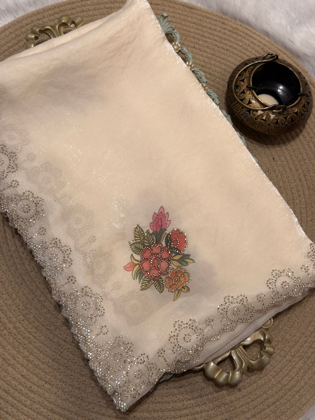 "Ivory Dialogue" Swaroski Embellished Floral Print saree (Small Floral Bunch)